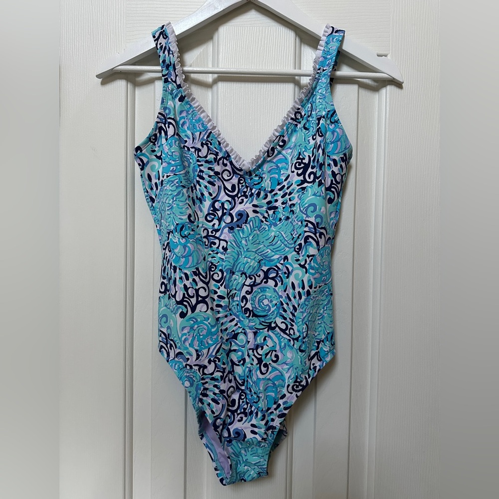 Lilly Pulitzer Turquoise Navy White Swirl One-Piece Swimsuit